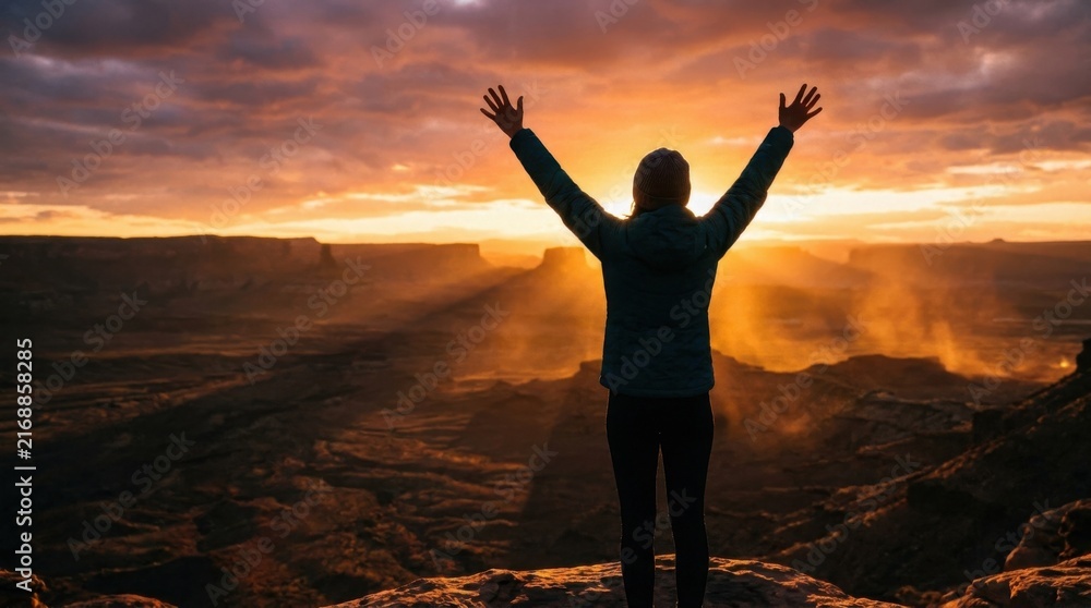 Fototapeta premium Woman arms raised in triumph on mountain peak at sunset with sun rays over canyon landscape