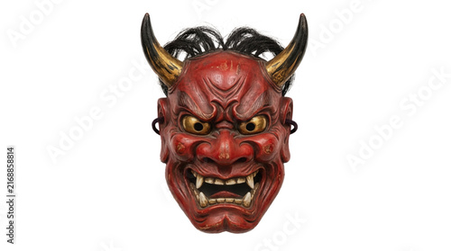Fotografie Traditional Japanese Oni mask with golden eyes and sharp teeth