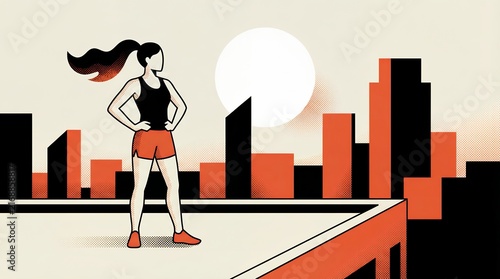 Confident athletic woman standing on a modern city rooftop at sunrise, stylized pop art illustration for urban fitness, morning workout motivation, and active wellness
