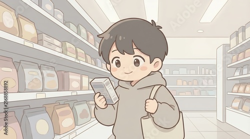 Cute Anime Boy Reading Food Label in Supermarket Aisle with Reusable Tote Bag, Pastel Manga Illustration of Daily Grocery Shopping and Healthy Consumer Habits