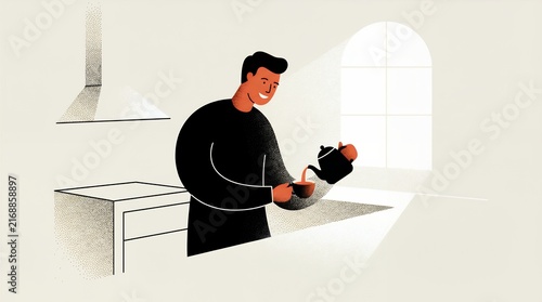 Smiling man pouring coffee in a bright modern kitchen, cozy morning routine illustration for home lifestyle, hospitality, beverage, breakfast, and self-care concepts