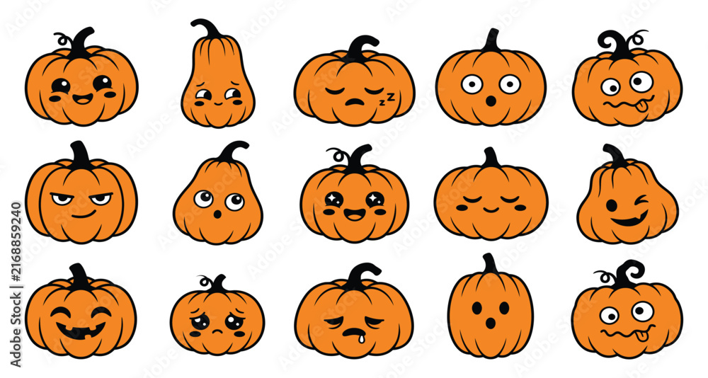 Obraz premium A collection of cute hand drawn hellowen pumkin characters with various funny facial expressions for autumn holiday designs