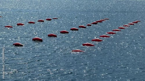 Marine oyster farm in the sea, floating oyster cultivation structures on calm coastal waters, sustainable aquaculture and seafood production