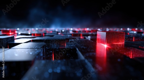 Futuristic glowing red cube standing out in a grid of dark digital blocks symbolizing technology innovation and advanced data systems at night