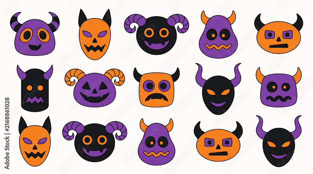 Obraz premium Playful cartoon monster faces with horns in orange and purple on a white background