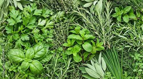Top down flat lay of fresh aromatic culinary herbs including basil parsley rosemary mint sage thyme and chives arranged on wooden kitchen surface for cooking and healthy food photography
