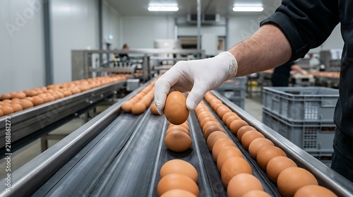 Worker in industrial food processing plant wearing protective gloves placing brown eggs on automated conveyor belt system in clean high-tech manufacturing environment for food production