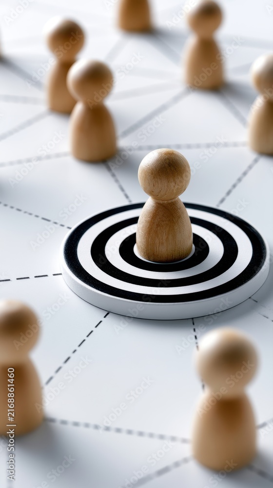 Obraz premium Wooden game piece positioned at the center of a bullseye target surrounded by connected pieces representing focus and strategic networking concepts