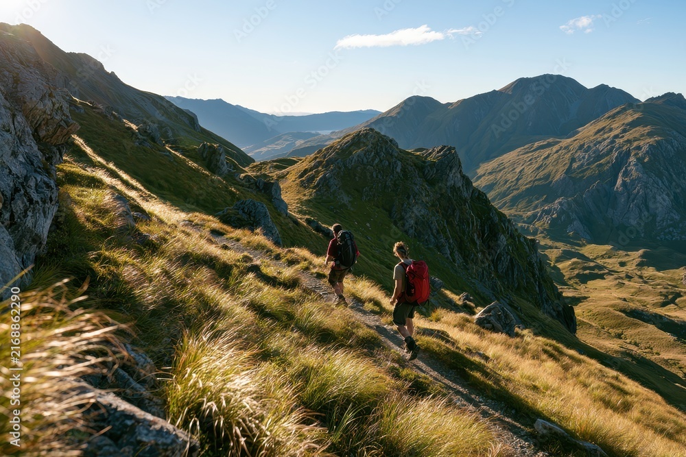 Obraz premium Two hikers ascend a rugged mountain trail at dawn with backpacks and alpine scenery