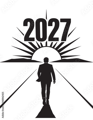 Foto Silhouette of a man walking towards the rising sun with the year 2027 in the sky