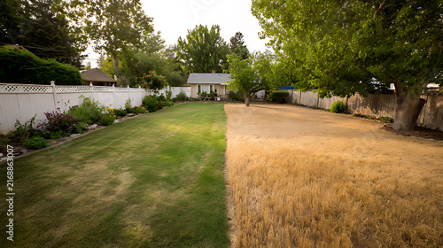 Healthy green lawn and dry yellow grass in a split backyard.