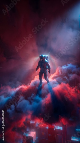 Astronaut floating through glowing neon red and blue nebula clouds above a futuristic city, cinematic sci-fi illustration for creative book covers, poster art, and digital wallpapers