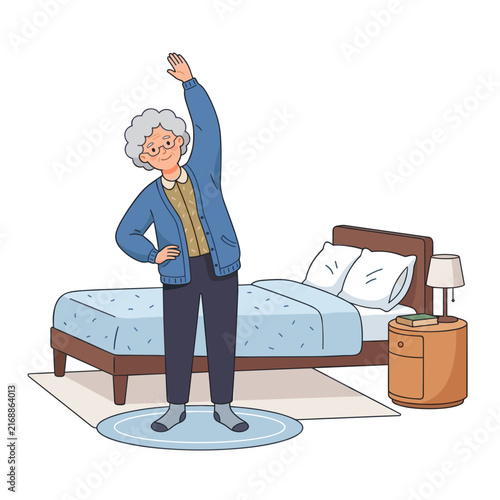 Elderly woman doing stretching exercises by bed in a cozy room  