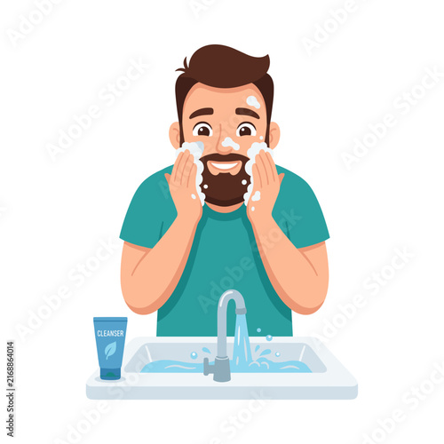 Man with beard washing face with cleanser at a bathroom sink  