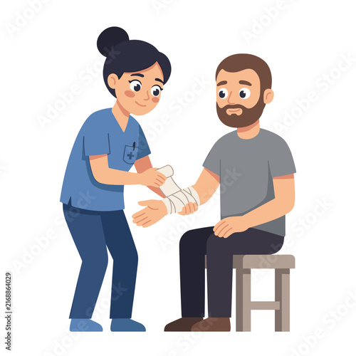 Nurse applying bandage to a man sitting on a stool in a clinical setting  