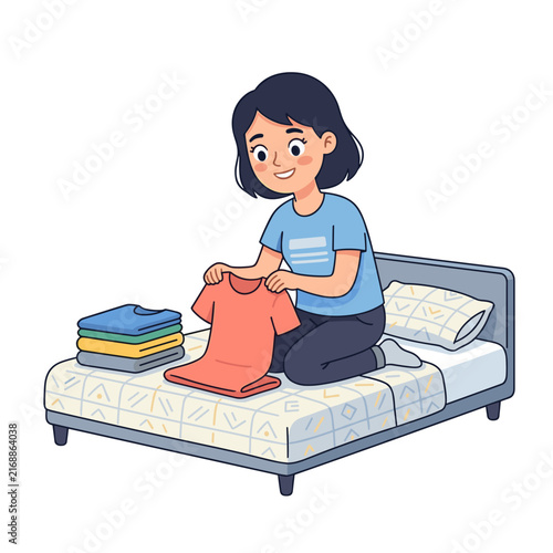 Young woman folding t-shirts on bed with colorful clothes stacked  