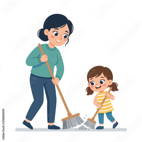 Parent and child sweeping floor in cheerful home environment  