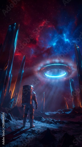 Astronaut standing on an alien planet observing a glowing ring-shaped UFO spaceship under a cosmic nebula, futuristic sci-fi concept art for book cover and poster design