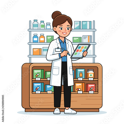 Pharmacist checking inventory in a pharmacy with shelves of products  