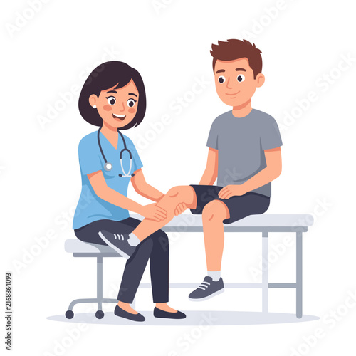 Orthopedic specialist at work with young male patient in clinic  