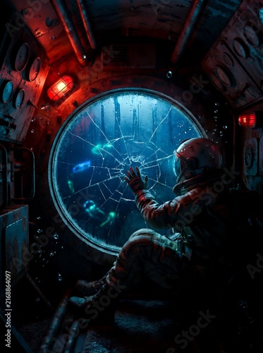 Astronaut in diving suit touching cracked porthole window inside a damaged submarine with red emergency lights looking at glowing bioluminescent deep sea creatures