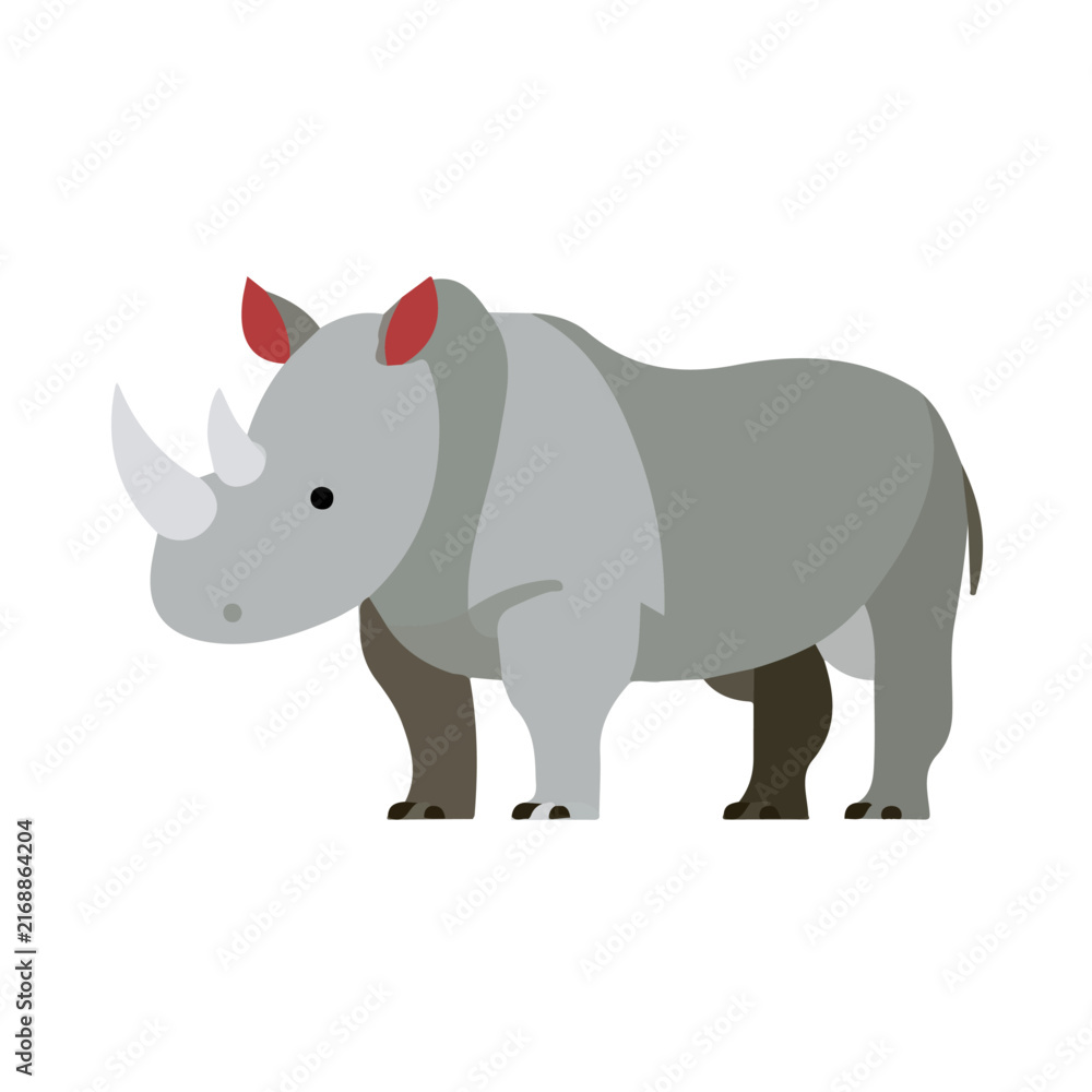 Fototapeta premium Rhinoceros, flat 2D illustration, minimal modern design, clean shapes, isolated on a white background.