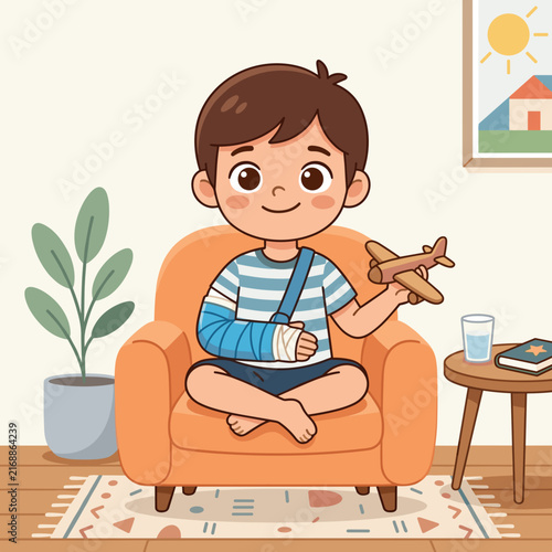 Child with arm cast at home playing with wooden airplane toy  