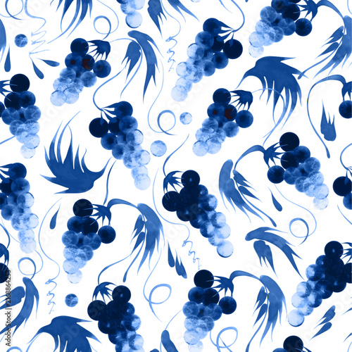 Wallpaper seamless pattern from blue colored grapevine plant on a white background 