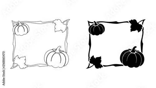 Pumpkin harvest frame design with linear and solid silhouettes for thanksgiving cards or autumn themed event stationery.