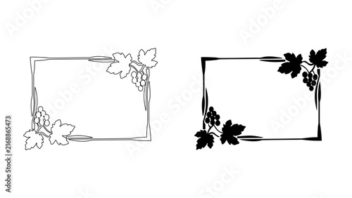 Grapevine rectangular border frame with clusters of grapes and vine leaves for winery labels or rustic event invitations.