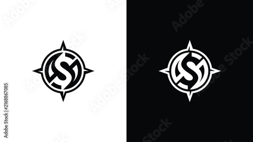 Logo concept featuring stylized 'S' resembling a compass rose or a starburst, presented in both black and white versions for versatility and design applications