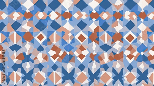 Seamless geometric mosaic pattern with blue, terracotta, beige and white diamond shapes, retro tile illustration, colorful abstract surface design