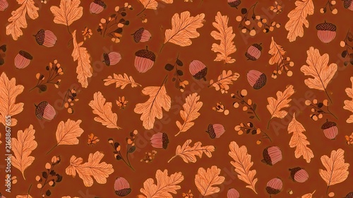 Seamless autumn pattern with orange oak leaves, acorns and small berries on a rich brown background, warm seasonal illustration, rustic fall surface design