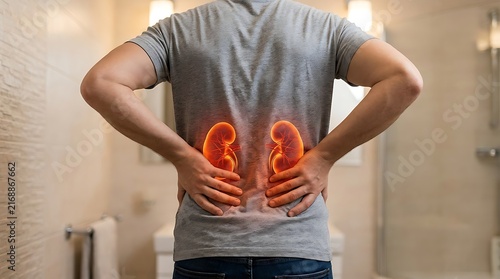 Man standing in bathroom holding lower back with glowing red kidney visualization showing renal pain and health issues for medical wellness concept photography in home environment