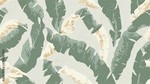 Abstract seamless pattern of large muted green leaves on a cream background, modern botanical illustration, calm tropical surface design, natural decor