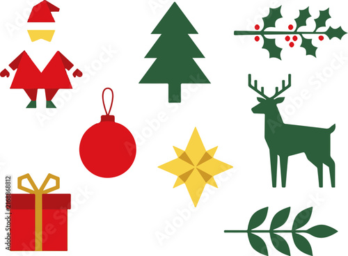 Minimalist geometric christmas icons with red and green flat designs