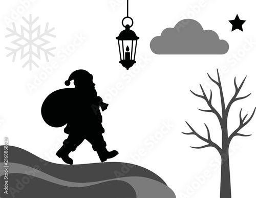 Black silhouette of santa claus walking on snow with lantern and tree