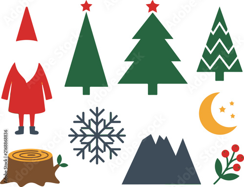 Rustic winter forest illustration with trees mountains and gnome figure