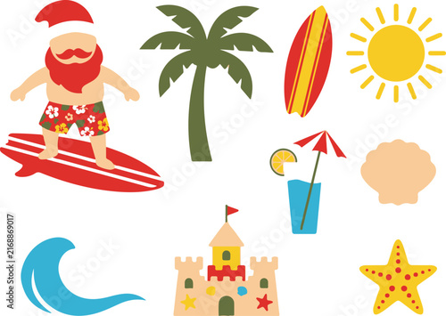Santa surfing on surfboard at beach with palm tree