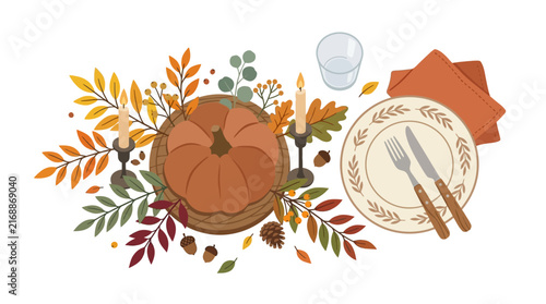 Top view of a festive autumn dinner table setting with seasonal decorations and rustic elements