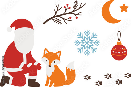 Santa claus kneeling with cute fox in winter nature landscape elements
