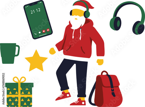 Modern santa claus character with smartphone red hoodie and headphones