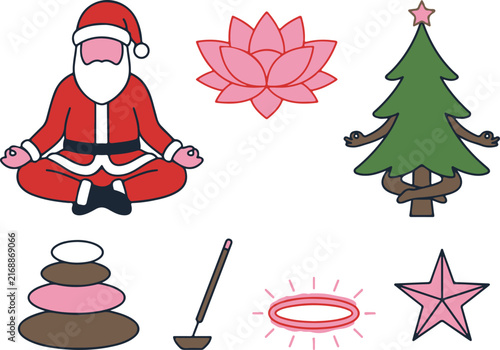 Meditating santa claus in lotus pose with christmas tree and zen set