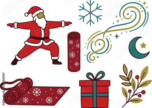 Yoga santa claus warrior pose with exercise mats and christmas gifts