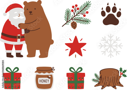 Santa claus hugging brown bear with forest elements and honey jar icons