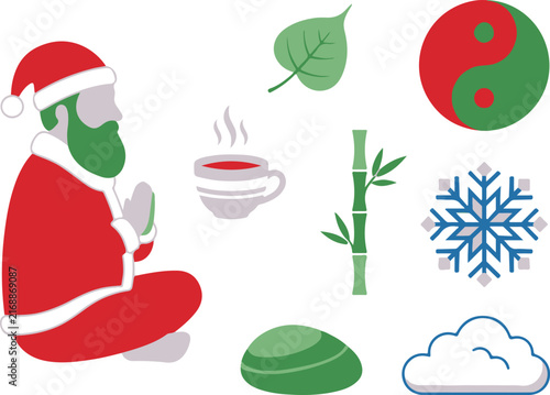 Santa claus praying with green beard next to tea and yin yang symbol