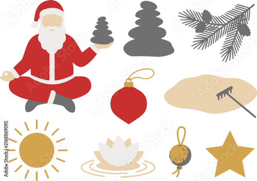 Zen santa claus balancing stones with holiday ornaments and sun icon