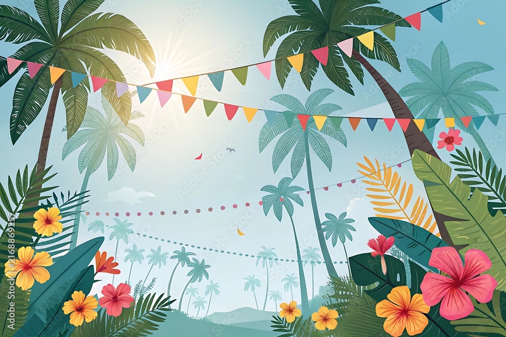 Summer festival background, tropical flowers, palm trees, colorful decorations, bright sunlight, cheerful atmosphere.