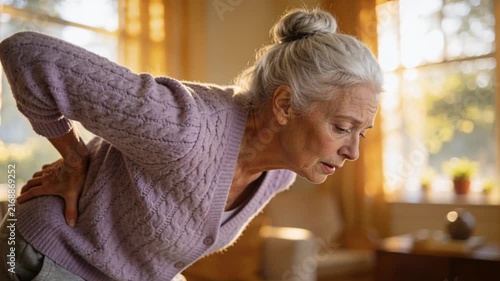 Feeling lower back pain, senior woman bending forward holding lower back at home, wearing cardigan