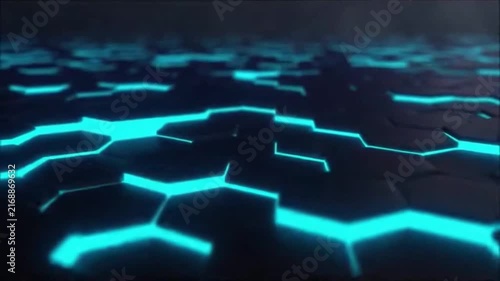 Blue neon hexagonal tiles rise in a synchronized seamless geometric wave.